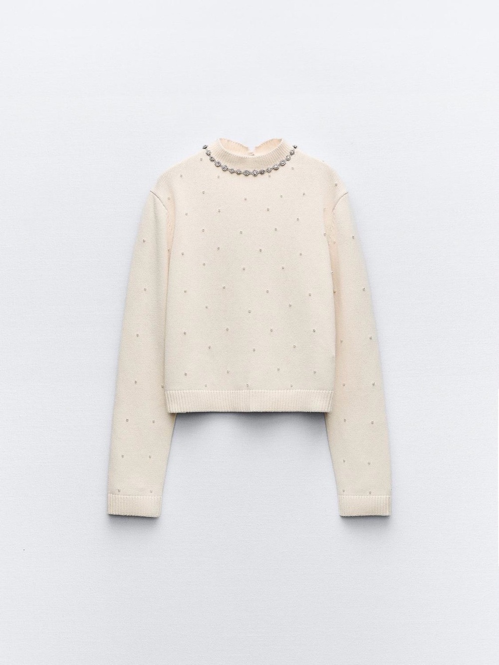 NWT Zara Cream Mock Neck Sweater with Beaded Collar